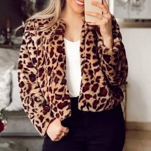 SHEIN Open Front Leopard Print Faux Fur Coat